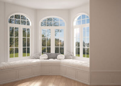 Big window with garden meadow panorama, minimalist empty space,
